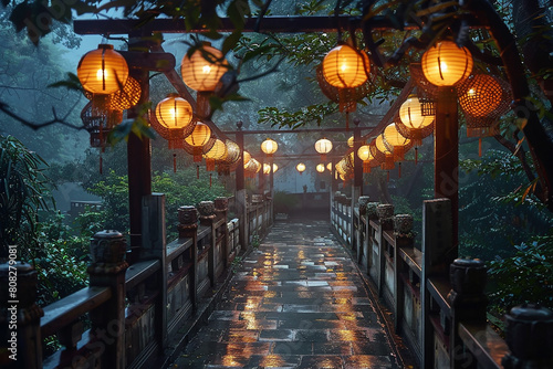 Glowing lanterns guiding travelers across a traditional, adorned bridge pathway.