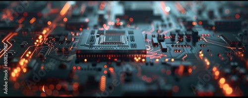 Close-up of microchip and circuitry with glowing orange lights. High-detail macro shot of electronic components.