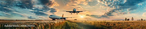 Airplanes landing at sunset in scenic rural landscape. Panoramic aviation photography. Travel and adventure concept