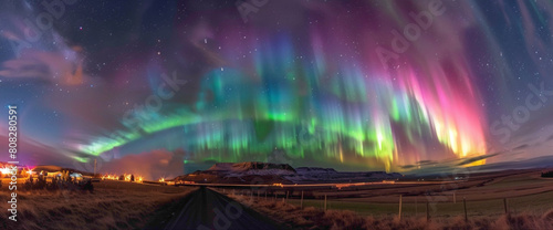 A pulsating aurora of vibrant colors illuminates the sky, casting a mesmerizing glow over the landscape, as if nature itself is putting on a dazzling light show.