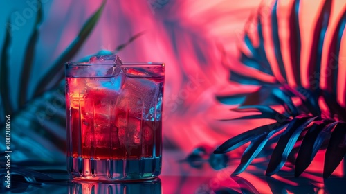 Glass of red cocktail with ice cubes on a reflective blue surface with palm leaf shadows.