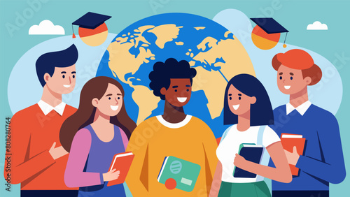 A group of international students exchanging tips on navigating the unfamiliar US financial system.. Vector illustration