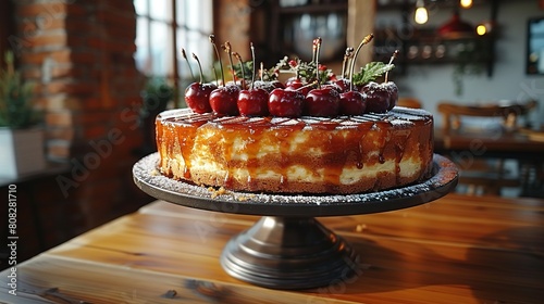  A cherry-topped cake sits on a platter atop a table in a restaurant setting