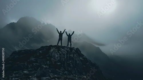 Three people standing at the top of a mountain, arms raised for victory with big mountain and foggy weather behind them