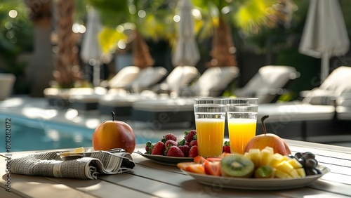 Private country club terrace with fruit plate juice glasses and pool view. Concept Outdoor Photoshoot, Country Club Terrace, Fruit Plate, Juice Glasses, Pool View