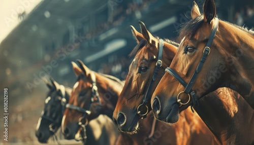 Amazing of a pack animal, featuring horses as athletes in a competitive sports league, with portrait, set in a grand stadium, Sharpen banner cinematic with copy space