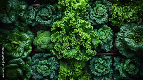  A cluster of verdant leafy greens perched atop a wooden platter against a moss-green backdrop