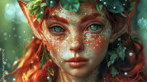A beautiful and serene wood nymph with long red hair and green eyes