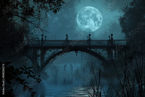 Soft moonlight casting shadows on an ornate, arched bridge silhouette.