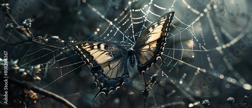 A beautiful butterfly is caught in a spider's web. The butterfly is struggling to escape, but the web is too strong. The spider is waiting patiently for its prey.