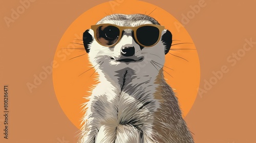 A meerkat wearing sunglasses on an orange background, with the sun behind