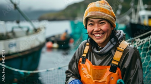 Portrait of female owner on sturgeon farm fish