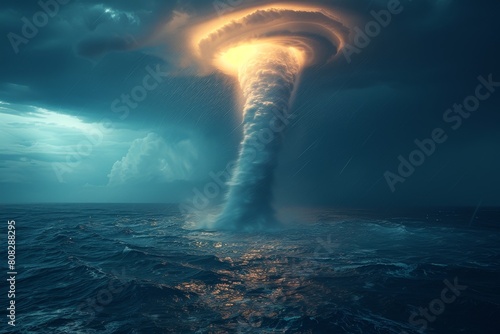 An immense tornado whirlpool engulfs the sea under a stormy sky, symbolizing nature's fury and awe-inspiring power