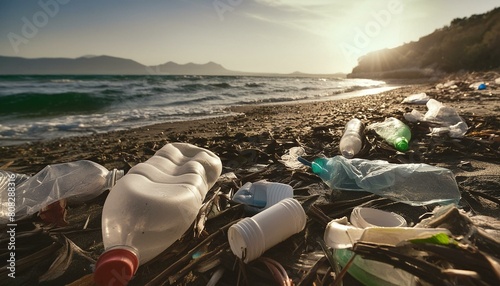 a beach strewn with garbage