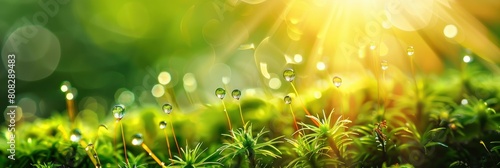 Beautiful nature background with dewdrops on moss with sunlight rays and bokeh effect