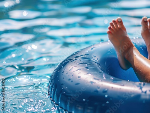 Close up of a womans feet on an inflatable ring in the pool, sunbathing and relaxing.
