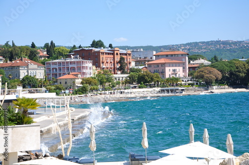 Croatia, town of Opatija, popular tourist resort, Slatina beach, aerial panoramic view. Beautiful Adriatic coast, Opatija riviera on Kvarner, popular beach Slatina and scenic tourist resorts