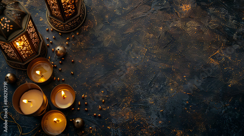 A candle and lanterns on a dark background.