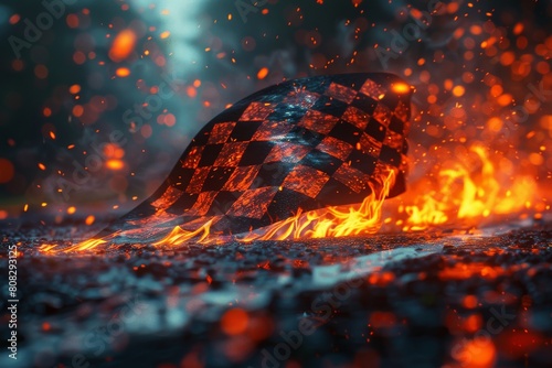 Intense image of a burning checkered flag on a racetrack, evoking the heat of competition and the passion for racing