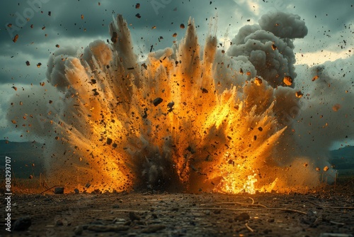 A fiery explosion of intense magnitude scatters debris across the landscape, creating an atmosphere of danger and awe