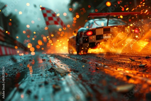 A race car whizzes by the finish line with sparks flying, capturing the speed and competition of the moment