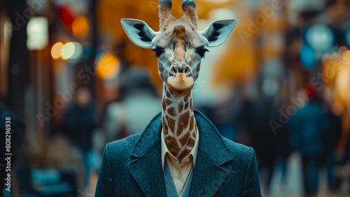 Graceful giraffe strolls through city streets in tailored splendor, epitomizing street style.