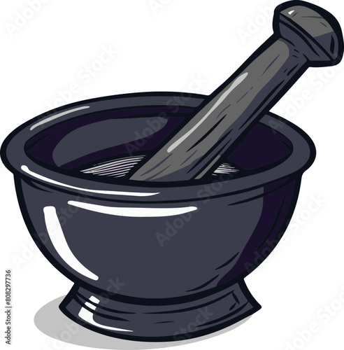 This vector illustration features a classic dark stone mortar and pestle, perfect for depicting traditional cooking methods in educational materials and recipe guides.