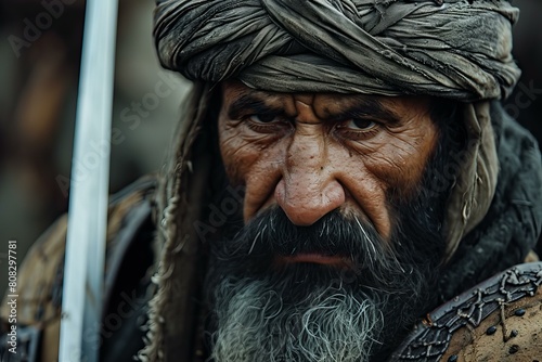 Relentless Ancient Persian nomad warrior. History bearded fighter with head turban. Generate ai