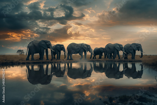 African elephants gathered at a watering hole in a wildlife reserve