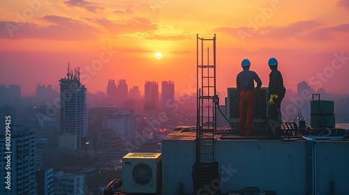 Pracownik budowlany na tle zachodzącego słońca nad miastem