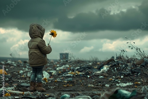 Dziecko trzymające w rękach kwiatka na bardzo zaśmieconym terenie