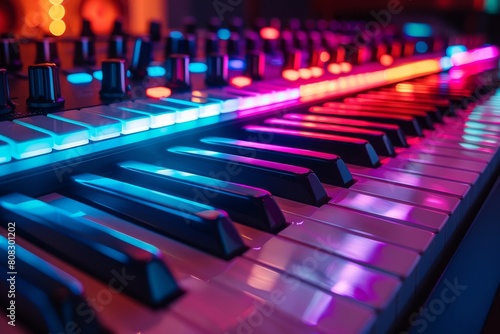 This detailed shot of a synthesizer keyboard showcases the colored lighting that dramatizes its modern and high-tech design
