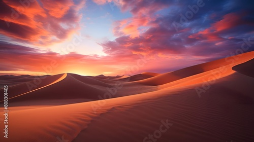 Beautiful panorama of sand dunes in the desert at sunset