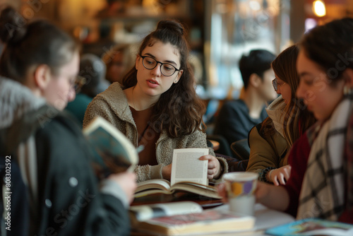 university students analyzing literary themes and characters in a focused group discussion