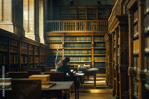 Legal studies student analyzing case law in a prestigious library