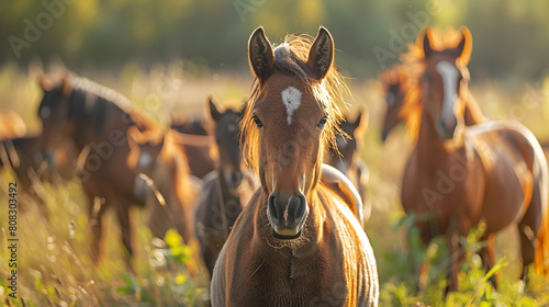 Herd of horses with one newborn foal in the center, Warm blood mare and her filly enjoy green grass together at equestrian center, Generative Ai 