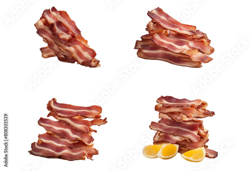 4 different preparations of bacon each illustrating a different level of crispness isolated on transparent background