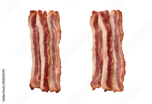 2 different preparations of bacon each illustrating a different level of crispness isolated on transparent background