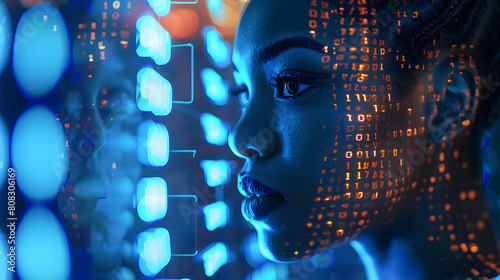 AI cyber security threat illustration, african american female IT specialist analysing data information technology, augmented reality artificial intelligence blue collage, matrix numbers, copy space