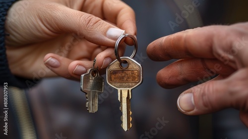 This Chrome pedant shows the shape of a house as a man gives his new home keys to a woman.