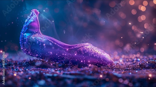A royal purple ballet slipper on a theater stage background billboard, advertising a new ballet performance.