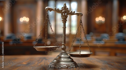 Scale of justice with lawyer in the background. Scale of justice with a lawyer and an attorney in the background. Court authority scale weight lawyer concept.