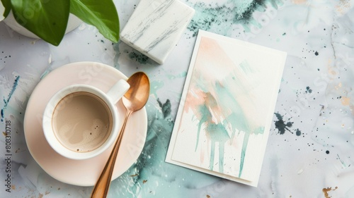 casual greeting card on a cafe table, colored with separate strokes of pastel green and pink, a relaxed and friendly atmosphere