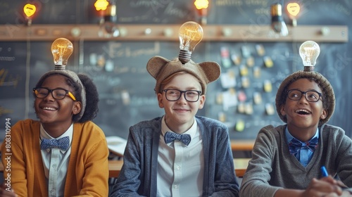 Three young nerds sit in a classroom setting with a thinking cap on their heads. They are smiling as their light bulbs are lit as the new ideas are flowing. They're wearing cardigans and bow ties. Lea
