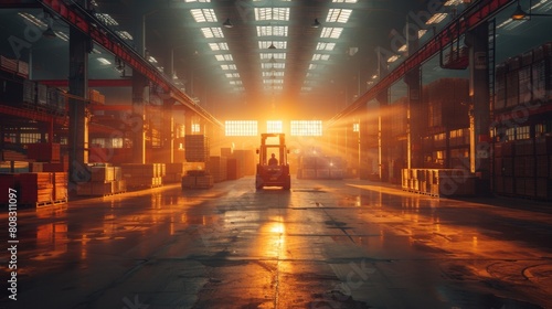 In an industrial warehouse, materials and wood are stored, and a forklift is in use to handle containers. The concept is logistics, and the scene has a motion blur effect. Bright sunlight is seen.
