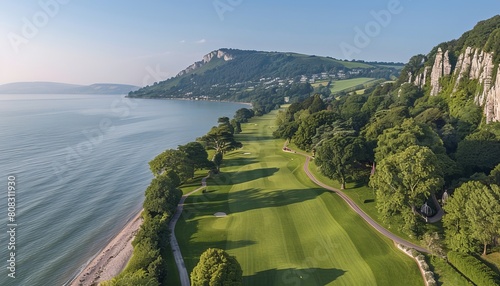 Golf course on white cliffs with sea view and tall rock arches in lush green surroundings