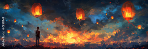 background of a young man contemplating flying lanterns at sunset