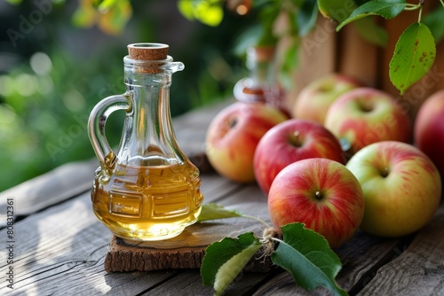 Apple cider vinegar in a clear pitcher beside ripe apples, with a natural backdrop