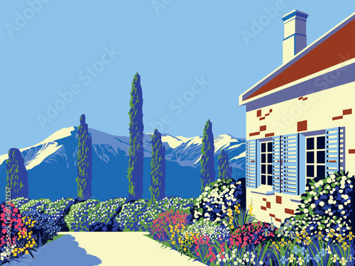 Traditional romantic old French cottage in Provence with a garden, flowering beds, trees and mountains in the background. Handmade drawing vector illustration.