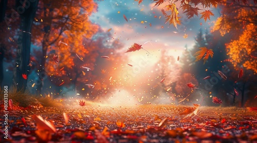 Vibrant Autumn Scene With Falling Leaves